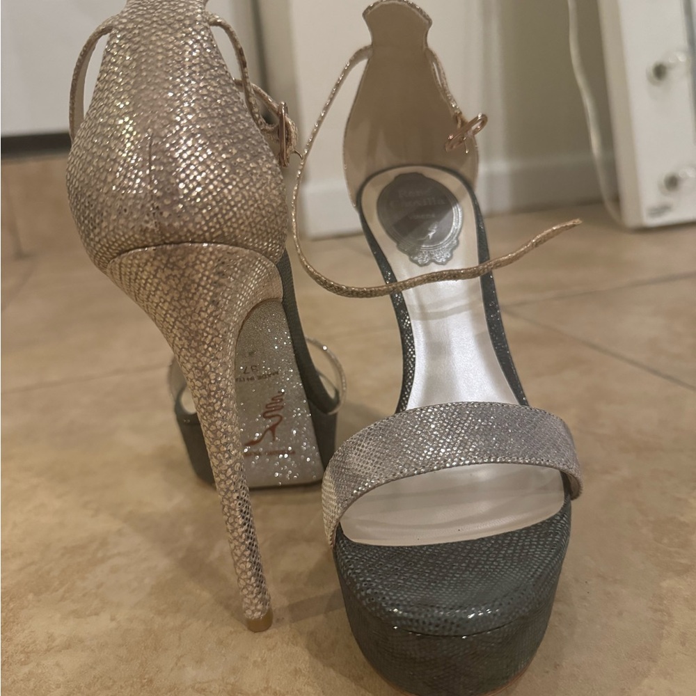 Renee Cavale, Tan High Heeled Sandals with Stiletto Heel and Ankle Strap